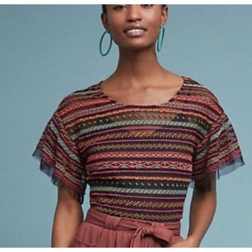 Maeve Blouse Women Medium Sheer Embroidered Multicolor Nylon